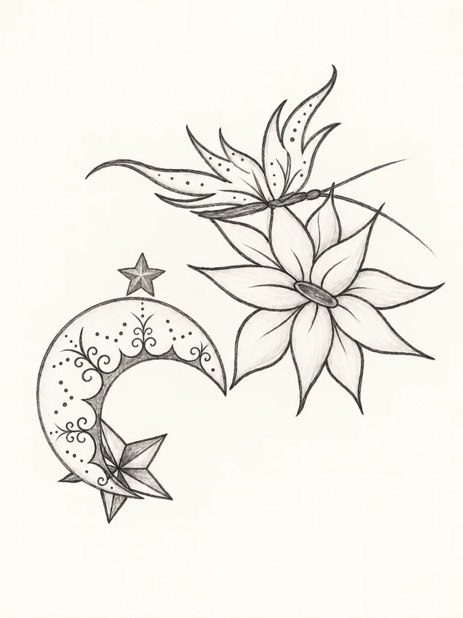 Pencil composition with a butterfly, flower and decorated crescent moon and stars.