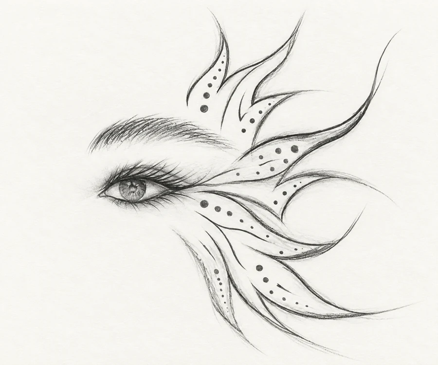 Graphite eye and eyebrow with flowing dotted ornament.