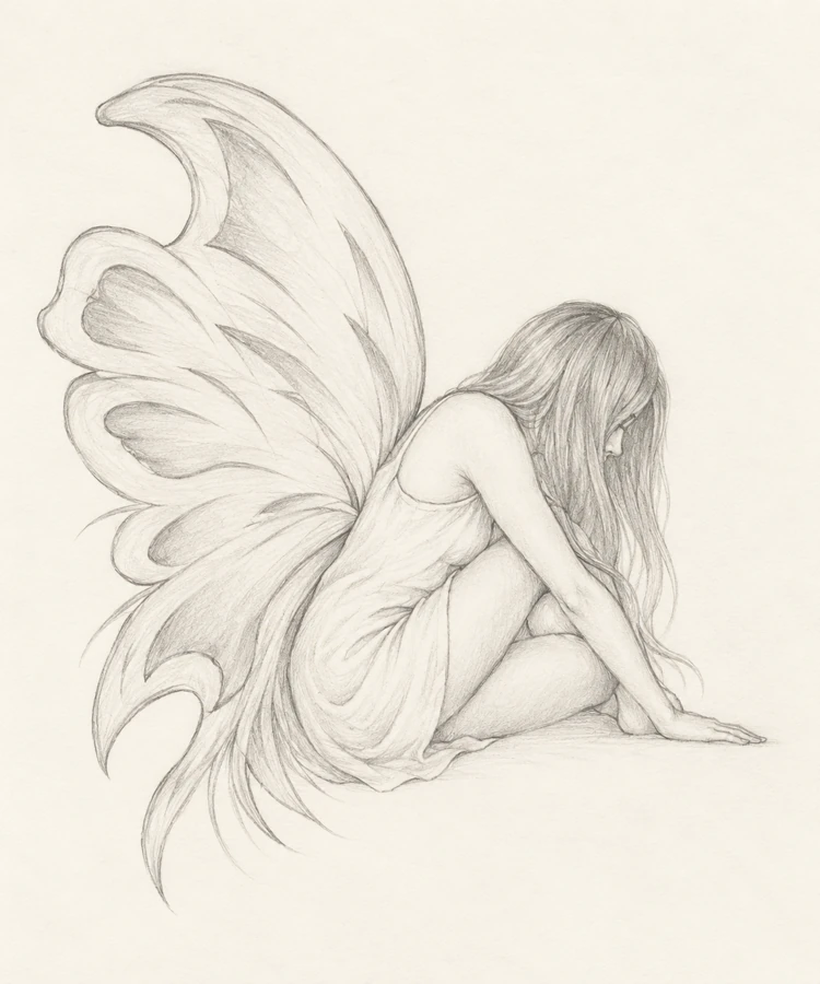 Alternate interpretation of a seated fairy with a large butterfly wing.