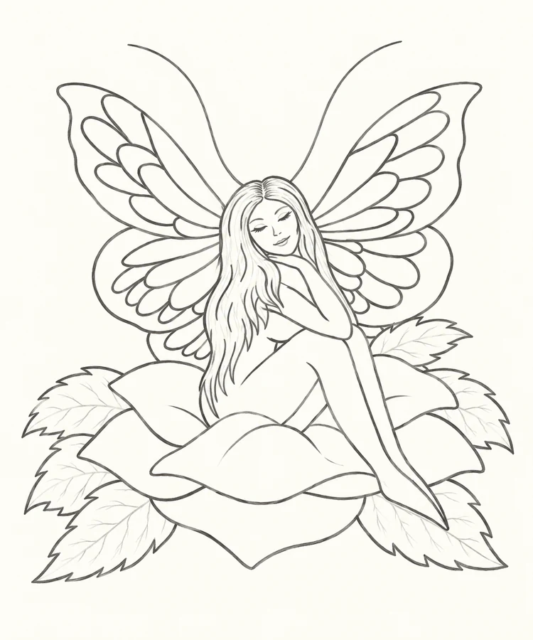 Winged fairy seated on a flower surrounded by leaves.