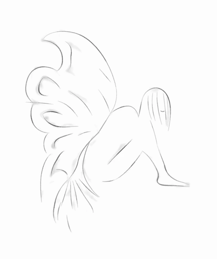 Supplied line-drawing concept of a seated fairy with a large butterfly wing.
