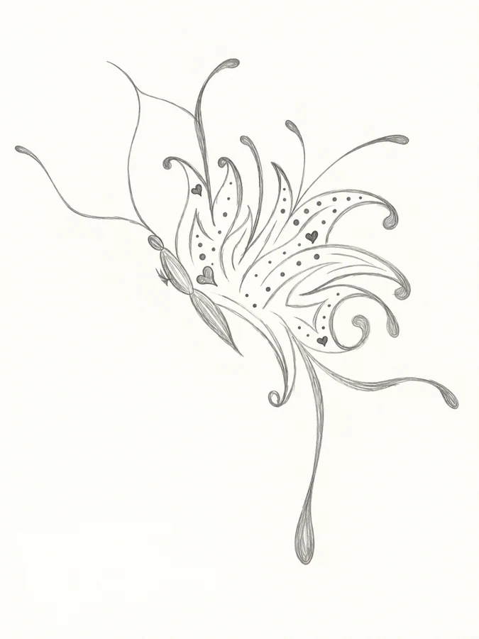Pencil butterfly with curling dotted wings, hearts and long flowing lines.