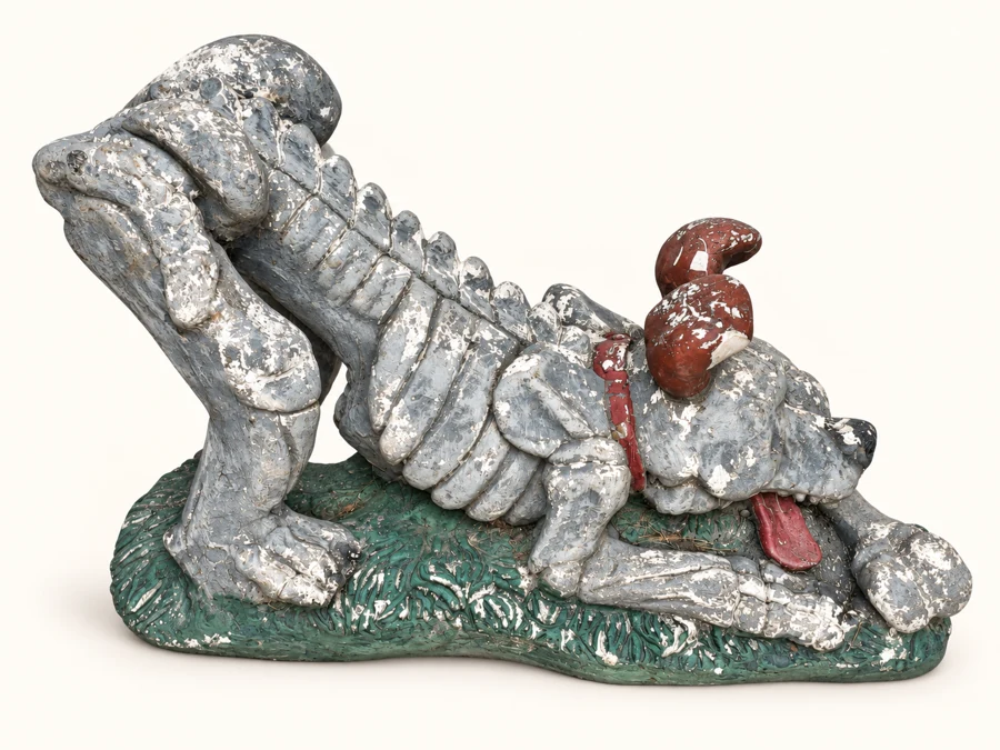 Decorative dog skeleton sculpture with weathered grey paint on a green base.
