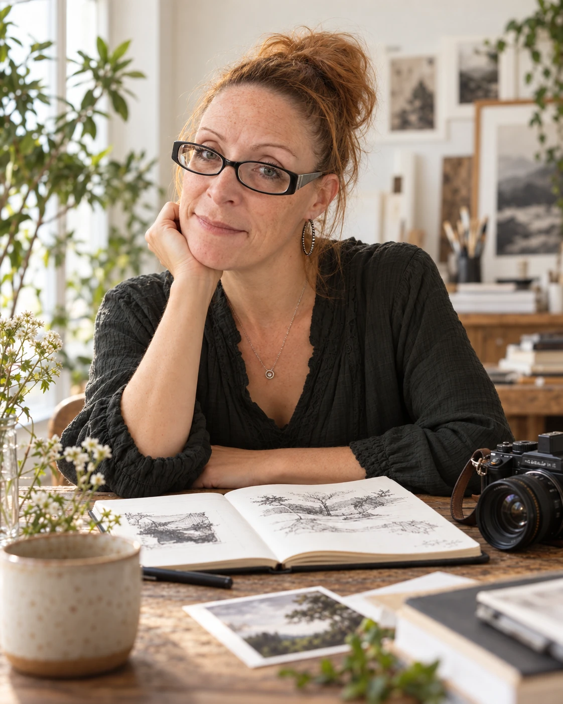 Tina seated at an artist desk with a sketchbook and camera